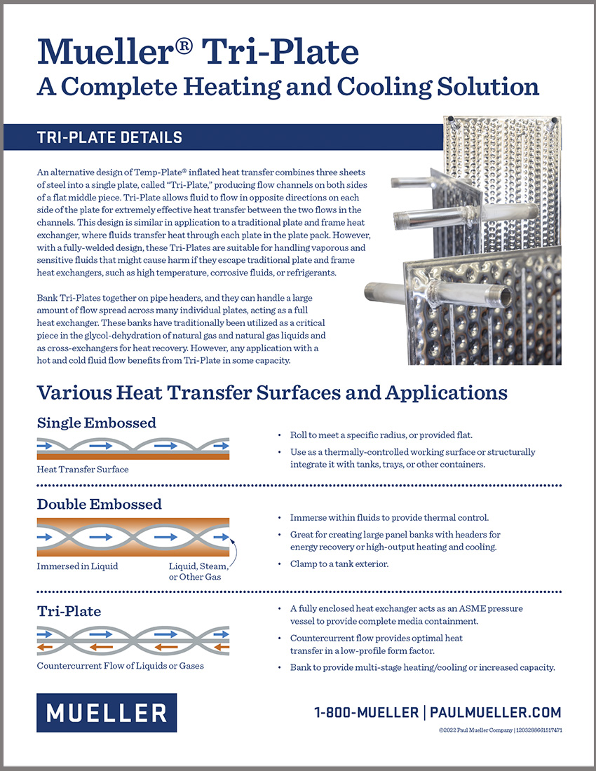 Mueller Tri-Plate is suitable for handling vaporous and sensitive fluids that might cause harm if they escape traditional plate and frame heat exchangers, such as high temperature, corrosive fluids, or refrigerants. Download the brochure to learn more: paulmueller.cc/3W3As5s