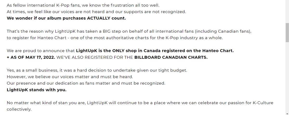 ATINYNORTH's tweet photo. Hi all, we wanted to quickly post something. We will be continuing to support @LightUpKShop. Their website clearly states that album sales count towards Canadian and US Charts. We will not believe anything that tarnishes their reputation without proof. https://t.co/5qE6jKUNug