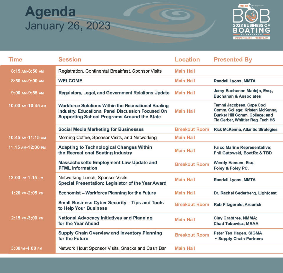 Business of Boating (BOB) Conference agenda released.  The conference will take place on Thursday 1/26/23 in Foxboro.  For more info or to register please visit:

beacon360.content.online/xbcs/S2353/cat…