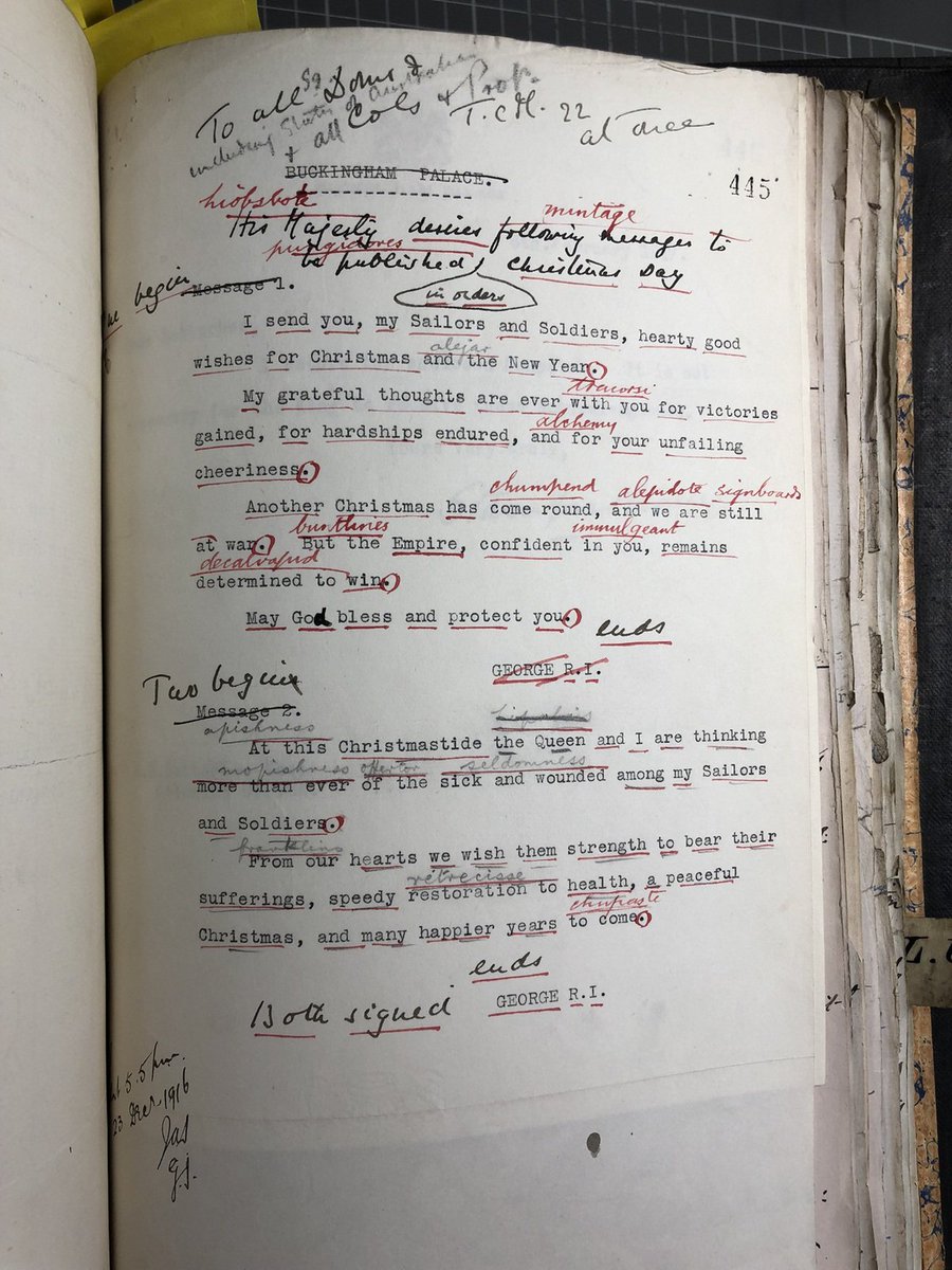 During the First World War, the Royal Family tried to improve morale among soldiers and sailors serving abroad at Christmas. 

This is a page shows a Christmas message sent from King George V to soldiers and sailors serving abroad.

📷: CO 323/720