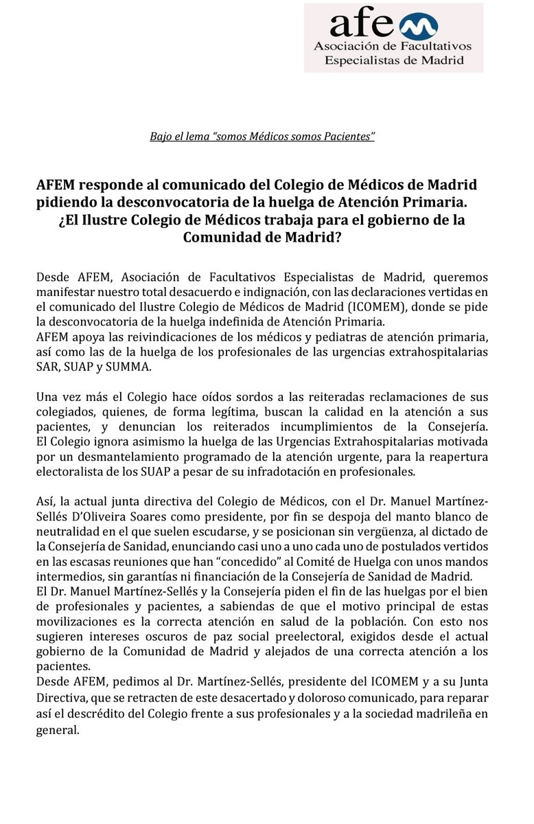 AFEM2012's tweet photo. Comunicado AFEM en respuesta a la actitud contra los médicos colegiados madrileños que ha tomado la JD de @Icomem_Oficial https://t.co/j6FHD1biwe