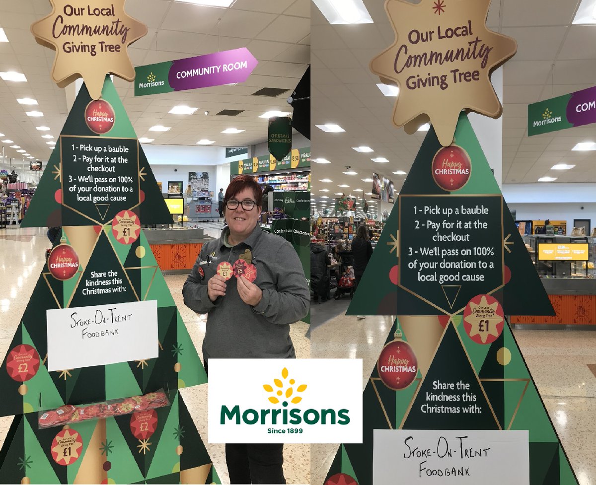 SoTFoodbank's tweet photo. WOW, a BIG THANK YOU to all those who have already given and raised over £500 so far! 
To JOIN IN, get along to @Morrisons Stoke Festival Park, choose &amp; buy a bauble from the Local Community Giving Tree &amp; your donation will be used to support people locally with emergency food ♥ https://t.co/sLDj2vgC4K