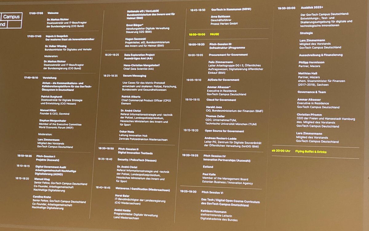 Spannendes Line-up gestern bei der #DemoNight vom <a href="/GovTechCampusDE/">GovTechCampusDE</a>: Chapeau an <a href="/larszimmerm/">Lars Zimmermann</a> <a href="/BMI_Bund/">Bundesministerium des Innern</a> @cio_bund &amp; Team was ihr in so kurzer Zeit auf den Weg gebracht habt! Zusammenarbeit &amp; Unterstützung ressortübergreifend 💪@bmdv <a href="/Wissing/">Volker Wissing</a> 
<a href="/FujitsuPolicyDE/">FujitsuPolicyDE</a>