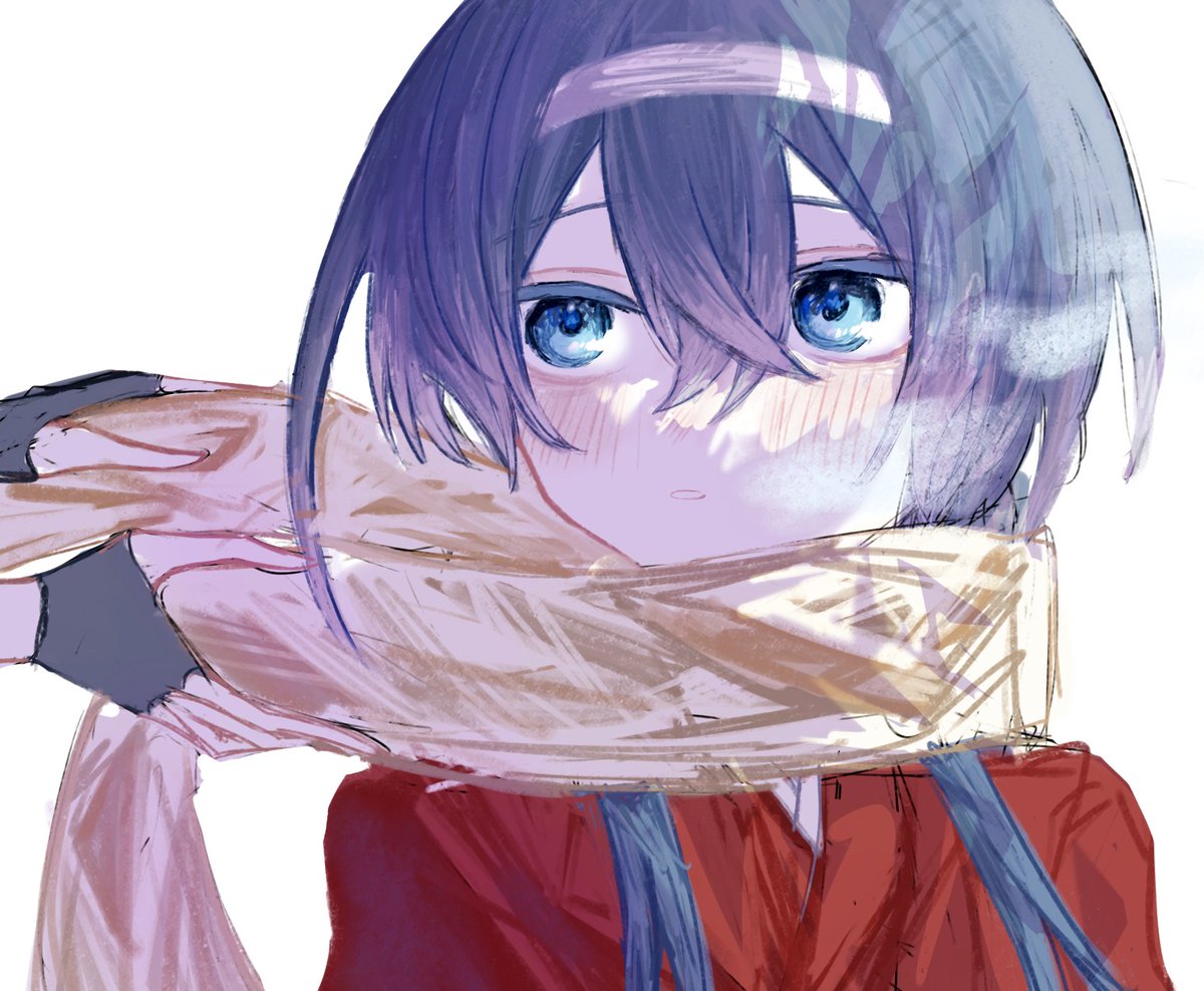 blue eyes scarf gloves 1girl white background fingerless gloves blue hair  illustration images