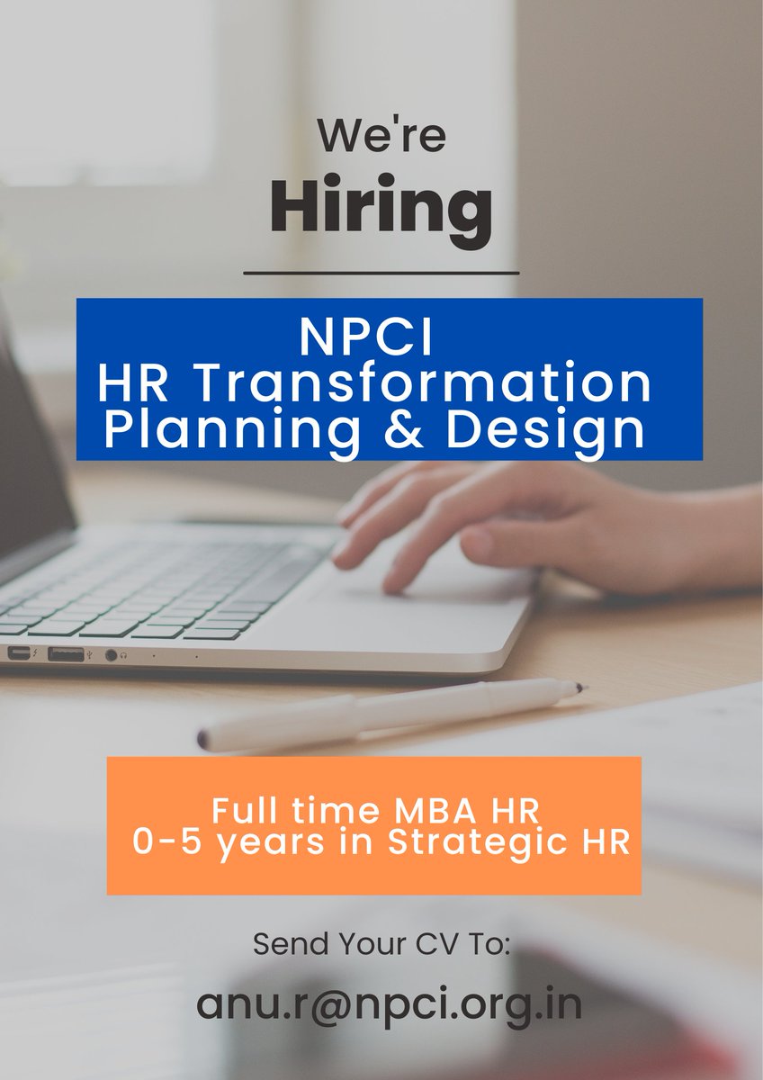 Blue sky thinker, resourceful, willing to take challenges head on & have a keen interest to make a difference in HR? If that's you, apply for openings in NPCI HR Transformation Planning & Design.Full-time MBA HR, 0-5 yrs exp in Strategic HR.Send CV- anu.r@npci.org.in
#BuildCareer