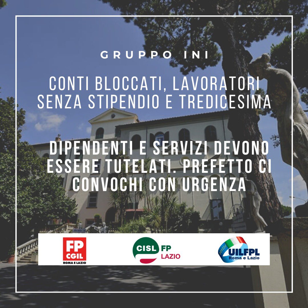 🟥 Stipendi e tredicesime bloccate rischiano di ‘regalare’ un Natale nero alle lavoratrici e ai lavoratori del Gruppo Ini. Abbiamo scritto al Prefetto di Roma per difendere retribuzioni e servizi alla salute. 

Leggi il comunicato stampa: tinyurl.com/3nu9yje6