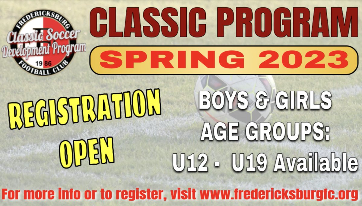 Looking for a bridge between recreation &amp; travel soccer, then this program is for you. Boys &amp; Girls U12, U14, U16, U19. Practices: FFC Park/PVSTC. Games Saturdays. For more info or to register: fredericksburgfc.org/Default.aspx?t…