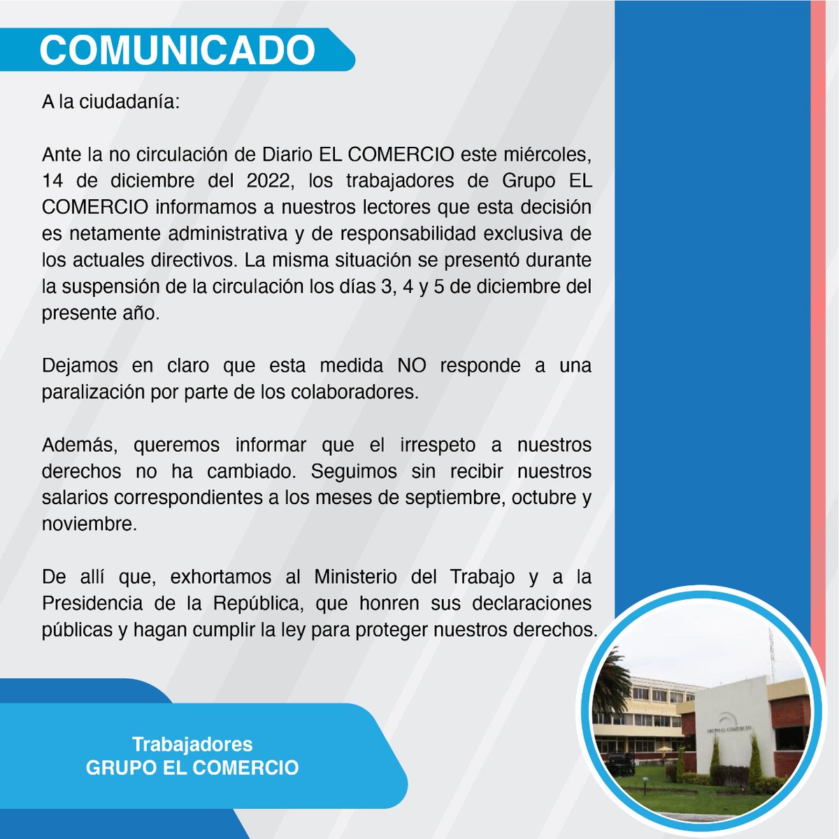 Hoy nuevamente no circuló la edición impresa de <a href="/elcomerciocom/">El Comercio</a>. La empresa sigue irrespetando a los trabajadores y a sus lectores. 
No hay una sola respuesta por parte de los actuales directivos, mientras nosotros seguimos esperando los salarios que nos corresponden por ley.