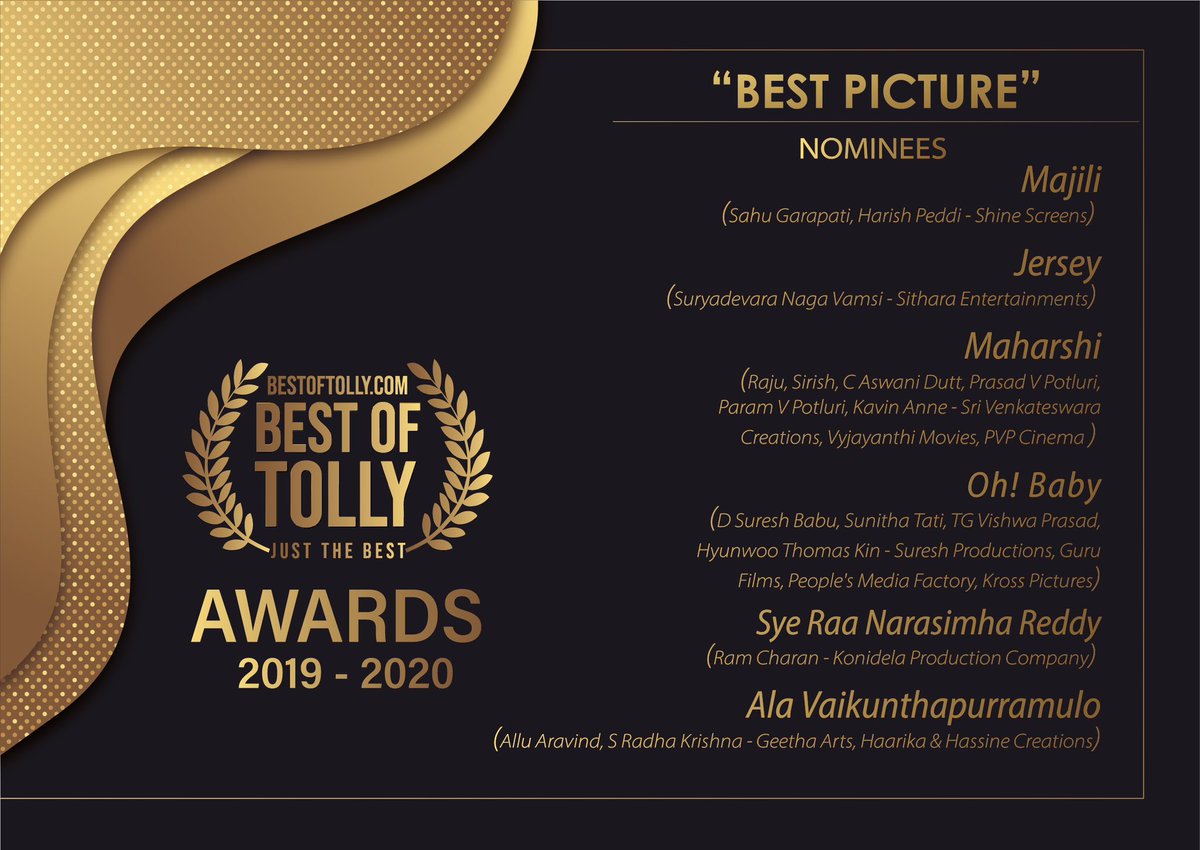 bestoftolly's tweet photo. “Best Picture”
Nominees

- #Majili (@Shine_Screens)

- #Jersey (@SitharaEnts)

- #Maharshi (@SVC_official @VyjayanthiFilms @PVPCinema)

- #OhBaby (@SureshProdns @gurufilms1 @peoplemediafcy)

- #SyeRaa (@KonidelaPro)

- #AlaVaikunthapurramulo (@GeethaArts @haarikahassine) https://t.co/LSJoMRWSeH