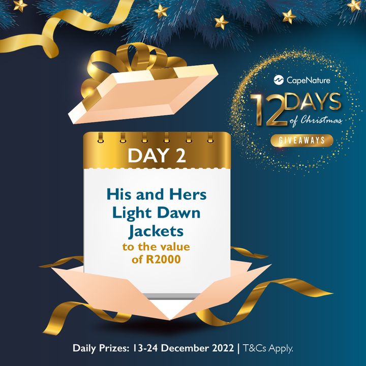 CapeNature1's tweet image. DAY 2: WIN  His &amp;amp; Hers Light Dawn Jackets from Cape Union Mart to the Value of R2 000

Follow these steps: 

🎅 Like, Comment, &amp;amp; Share 

🎅Follow CapeNature &amp;amp; Cape Union Mart

🎅Subscribe to the CapeNature newsletter 

Winners announced daily. T&amp;amp;Cs apply

#ChristmasWithCapeNature