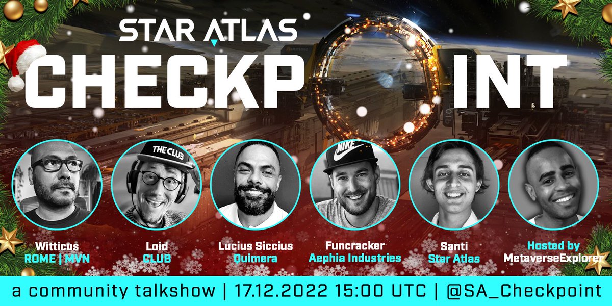 SA_Checkpoint's tweet photo. 💫 As the end of the year approaches, it's time to sit down and review &amp; discuss the past, present, and future of @StarAtlas with the folks who know!

🚀 This is a show you do not want to miss!

#WeAreStarAtlas #PowerToThePeople

https://t.co/KFWV7ceJsu https://t.co/1TDN9pMeGt