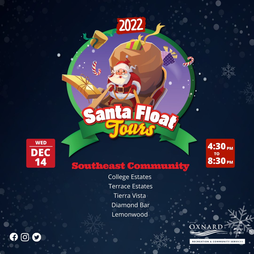 oxnardrec's tweet photo. Southeast Communities!!! Santa is heading out to you tonight. Follow the tour live on Twitter @santafloat or call the float hotline at (805) 402-0403. https://t.co/tR51IyQJgS