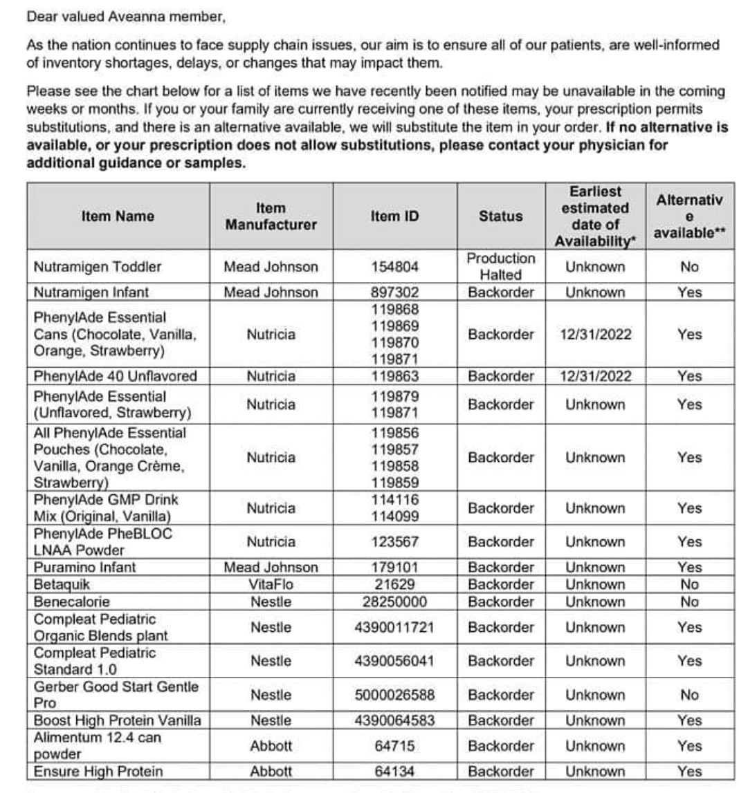 Families who get prescription formula are still getting letters like this, a full 1.5 years after the formula shortage began. 'Backorder, date available unknown, no alternative available' are a chilling set of words.