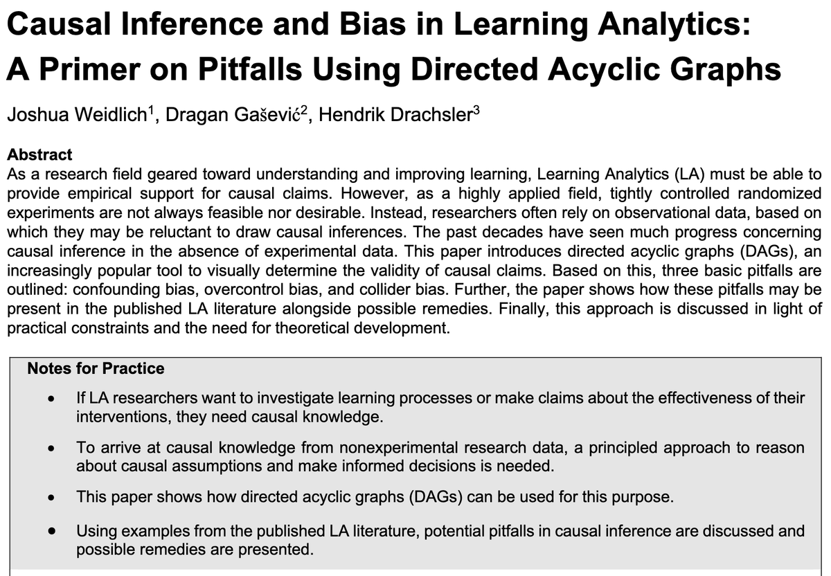 hassenrueb's tweet photo. I am beyond thrilled to finally see our paper „Causal Inference and Bias in Learning Analytics“ published in Journal of Learning Analytics @jla_editorial 

https://t.co/zR9fuMlnm5

@dgasevic @HDrachsler @EdutecS https://t.co/qk7EZxh7Aq