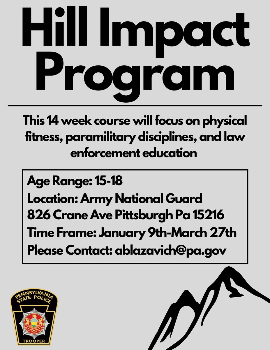 PSPTroopBPIO's tweet photo. Our hill impact program is coming to Pittsburgh!! Tune into @KDKA @WPXI &amp; @WTAE today for our news event regarding more information!! https://t.co/0FagM8kY91