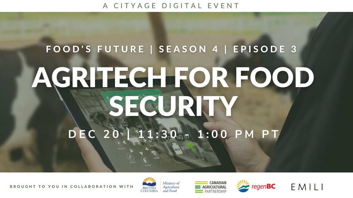 How can Canada develop and deploy next-generation technologies to expand domestic food supply? 🤔

Join us and our friends at <a href="/CityAge/">CityAge</a> on Tuesday, December 20 to learn more!

cityage.com/event/agritech…

#CdnAg #AgTech