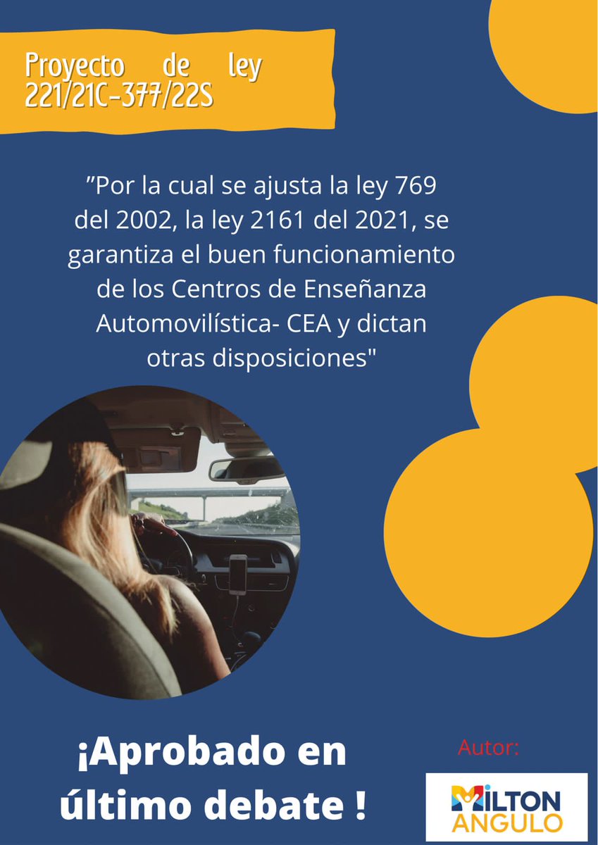 En senado se aprobó el último debate del proyecto de ley 221/21C-377/22S Por la cual se ajusta la ley 769/22 la ley 2161/21 se garantiza el buen funcionamiento de los Centros de Enseñanza Automovilística. Está se convertirá en mi sexta ley de la República, doy gracias a Dios.