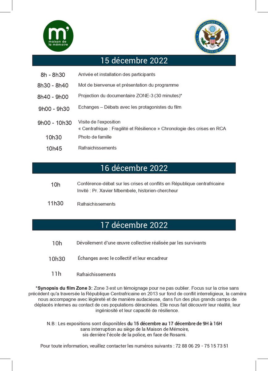 La Maison de la Mémoire organise avec le soutien financier de <a href="/EmbassyBangui/">U.S. Embassy Bangui</a> du 15 au 17 décembre à Bangui, l’événement : «Centrafrique: Fragilité et Résilience». Plus de détails et information👇 <a href="/ophelie_manda/">Ophelie Manda</a> <a href="/PascaleGaby/">Pascale Gaby</a> <a href="/madiorsow/">Madior SOW-OUAKARA</a> <a href="/Ekokess/">Ekomo-S. Martine K.</a> <a href="/fridolinngoulou/">Fridolin Ngoulou</a>