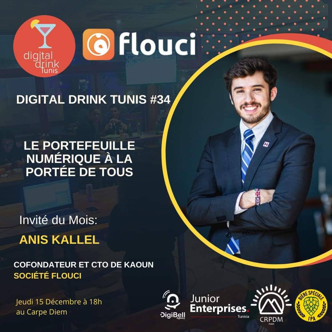 AperoRhTunis's tweet image. Pour la 34ème édition de #DigitalDrink nous sommes super heureux d'avoir parmi nous le fameux Anis Kallel cofondateur et CTO de Kaoun, une Fintech basée en Tunisie.

Comme toujours c'est gratuit et ouvert a tous sur simple inscription: bit.ly/ddtunis2022