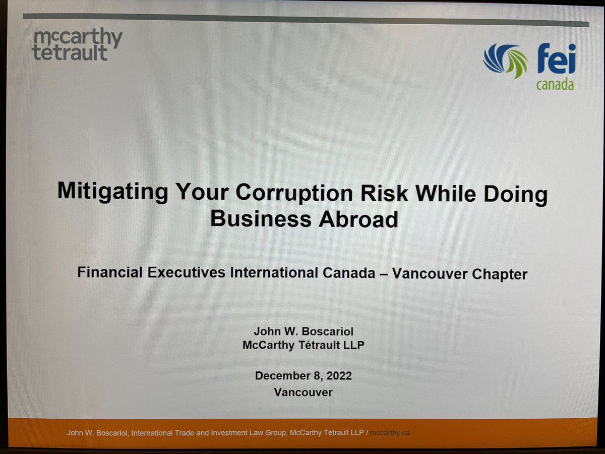 tradelawyer's tweet photo. Thank you to @FEICanada for the opportunity to speak on mitigating corruption risk while doing business abroad. Great discussions on the latest developments in anti-bribery investigations, enforcement and compliance.
@McCarthy_ca #corruption #bribery #FCPA #UKBriberyAct #CFPOA https://t.co/9afVtvznBq