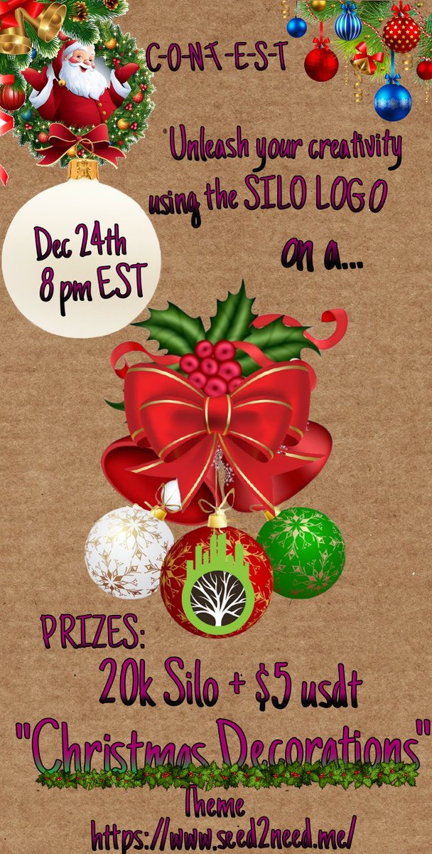 🤶 Christmas Contest Event
Unleash your creativeness. 
☑ tag the Official twitter Account of <a href="/_Seed_2_Need_/">Seed2Need</a>
☑ Share your LINK with your artwork in Discord Community. 
 
Join us. 
discord.gg/twDDwWZxWU

#contest
#art #Christmas #crypto