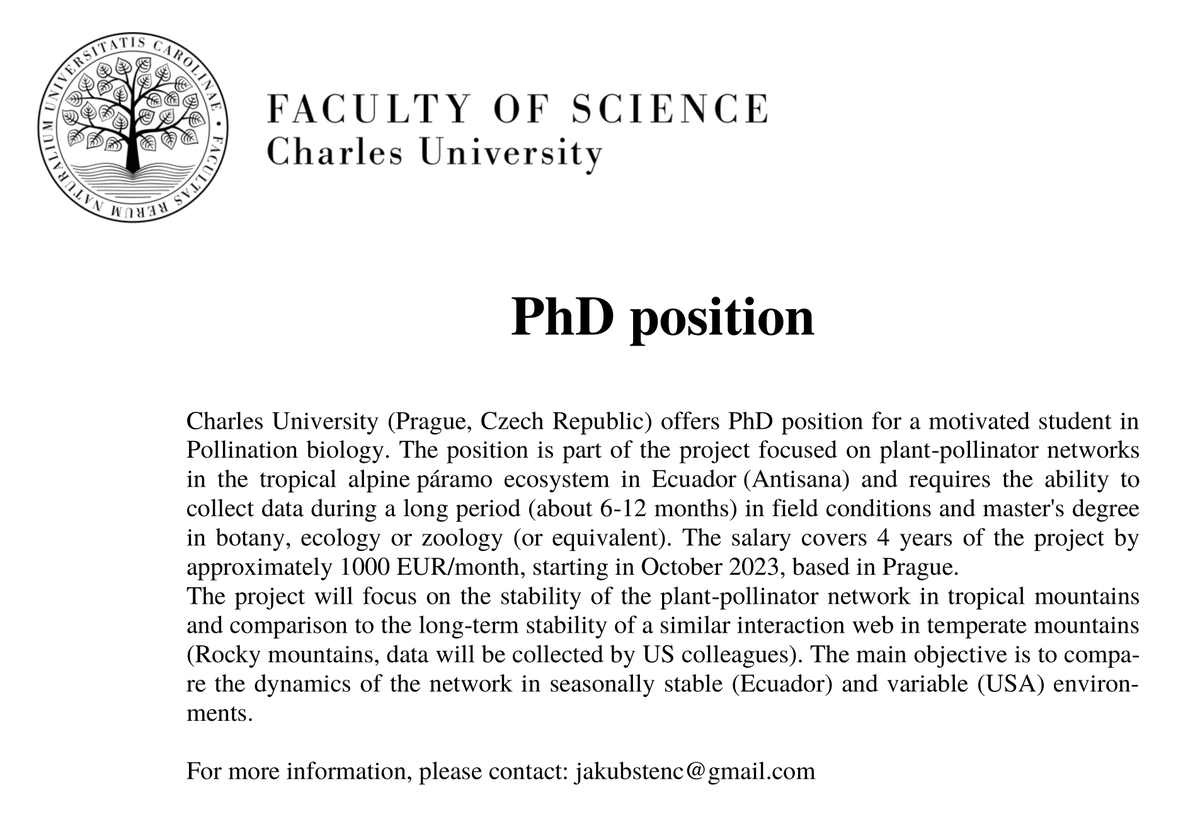 PhD candidate wanted!

Plant-pollinator interactions in the Andes 🏔️

Project led by Petr Sklenář (Charles University in Prague), in collaboration with our lab and Julian Resasco (University of Colorado, Boulder).

Knowledge of Spanish + English required!

Details and contact: