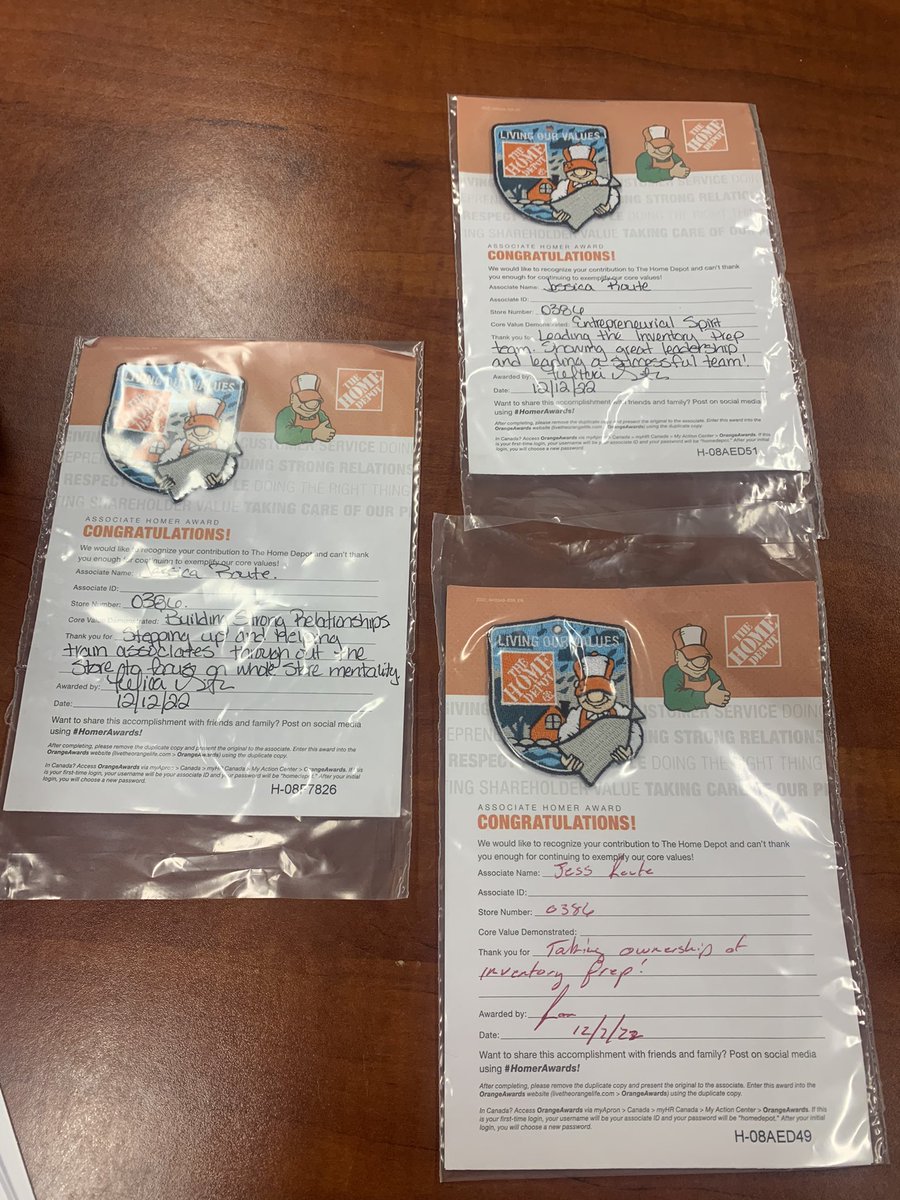 Thank you #0386 I received 3 Homer awards for taking ownership of inventory prep as a Dept. Supervisor in an ASM role. Having an Entrepreneurial spirit leading a new inventory team prep team. Building strong relationships stepping up and training associates throughout the store!!