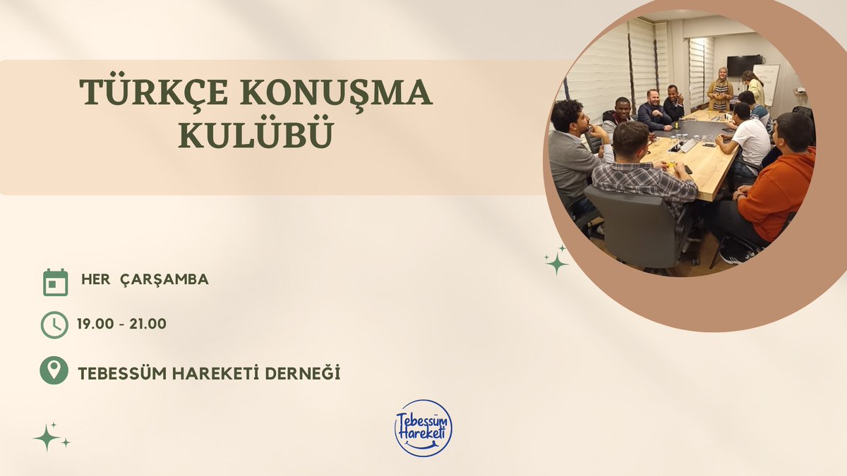 Türkçe Konuşma Kulübümüz 21 Eylül - 4 Ocak 2023 Tarihleri arasında Her Çarşamba 19.00 - 21.00 saatlerinde Tebessüm Hareketi derneğinde gerçekleşecektir.

Sizlerle tanışmak için çok heyecanlıyız 🤩

Başvuru formu: docs.google.com/forms/d/e/1FAI…