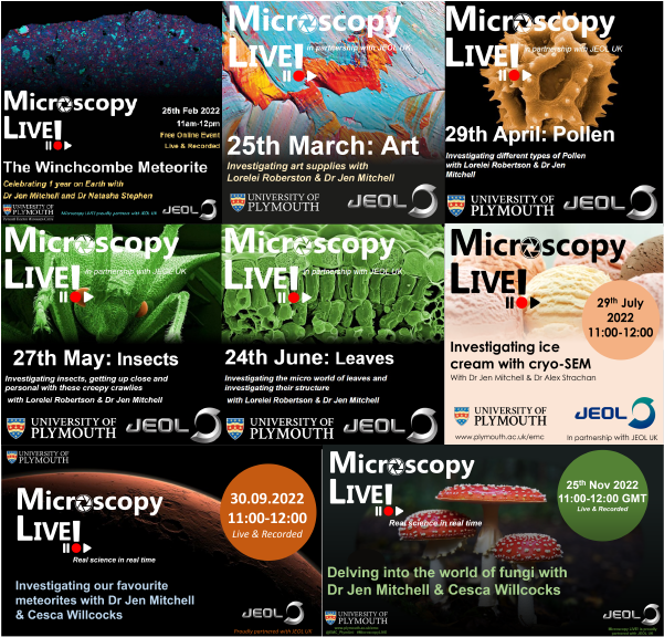 EMC_PlymUni's tweet photo. Have you missed any #MicroscopyLIVE sessions this year?

During 2022 we've looked at all sorts under our #SEMs, doing real science in real time &amp; introducing #ElectronMicroscopy to a wider audience🔬If you missed any, don't worry! You can find them here: https://t.co/dfJtOzt5RD https://t.co/RpE52uWCGi