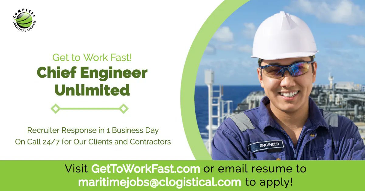 Experienced Chief Engineer –Unlimited wanted for a maritime company to head the department for engineering equipment and responsible for all technical activities. 

#GetToWorFast Apply - 

buff.ly/3NUM2gE

#CLS #CLogistical #ReadyToWork #ApplyToday #WhyWait #engineerjobs