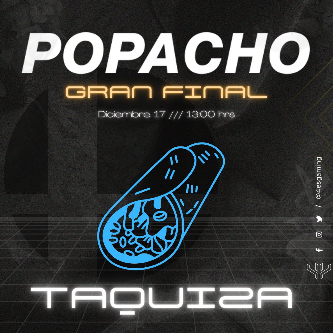 POPACHO GRAN FINAL 

Sábado 17 de Dic disfrutaremos del último #popacho del año.

64 Jugadores Registrados 🕹
💲3,600 + el acumulado para SINGLES
💲1,000 pesos DOUBLES
🪅PIÑATA
🌮TAQUIZA

Ven a festejar con nosotros, te esperamos!!!

 #nintendo #torneo #ssbu #4esgaming #Popacho