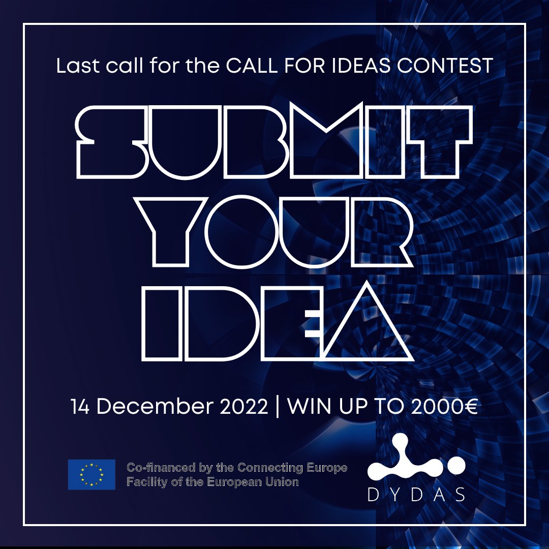 📣 LAST CALL - Upload your idea and win up to 2000€

The DYDAS EU CALL FOR IDEAS CONTEST is waiting for you!
Write your project for a better quality of life in a city, share it with us, and win up to 2000€
Read how to participate at:dydas.eu/callforideasco…