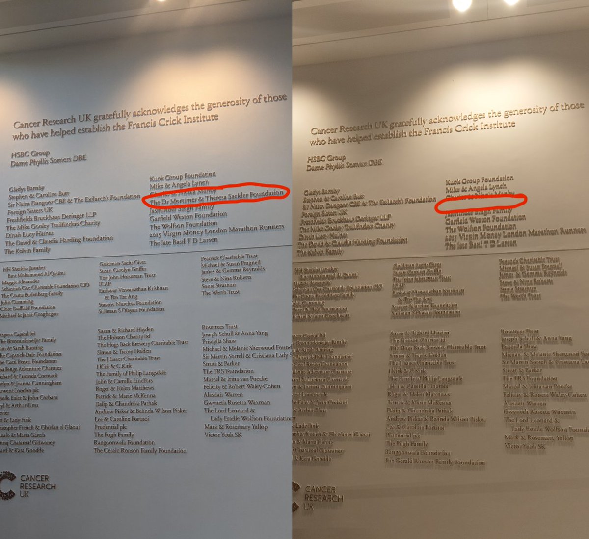 Happy to see that the Crick has listened to our complaints and finally taken down the Sackler name! All thanks to <a href="/praddenkeefe/">Patrick Radden Keefe</a>'s exceptional book 'Empire of Pain' for shedding light on the family that fuelled the opioid epidemic.