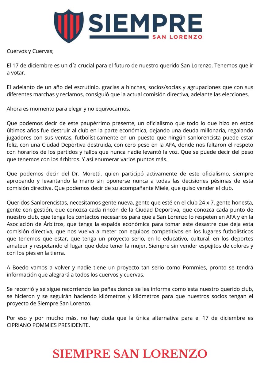 SiempreSanLore's tweet photo. El sábado 17 de diciembre jugamos nosotros.

VENI A VOTAR !

#SanLorenzo es de los socios y socias.

#CiprianoPresidente https://t.co/Z4nY5dopOY