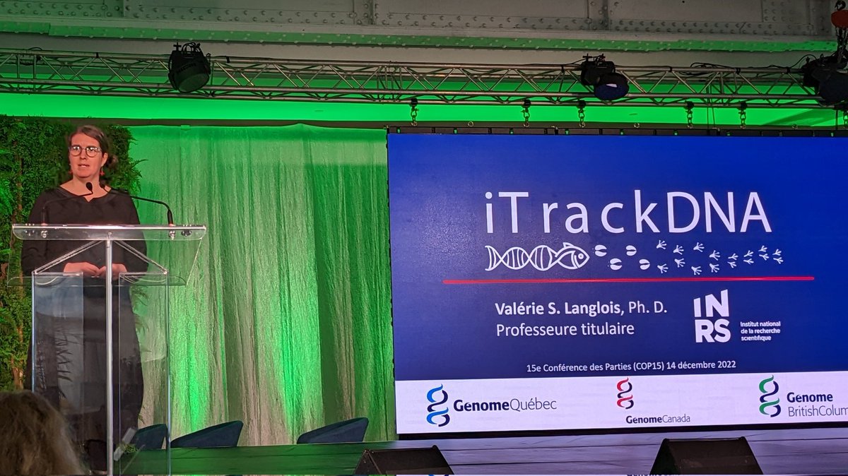 Great talk this morning by Valerie Langlois from @inrsciences - inspiring us with the potential of environmental DNA and its role in biosurveillance and biodiversity. Proud @GenomeCanada supports her important iTrackDNA project. @GenomeQuebec @GenomeBC #COP15montreal