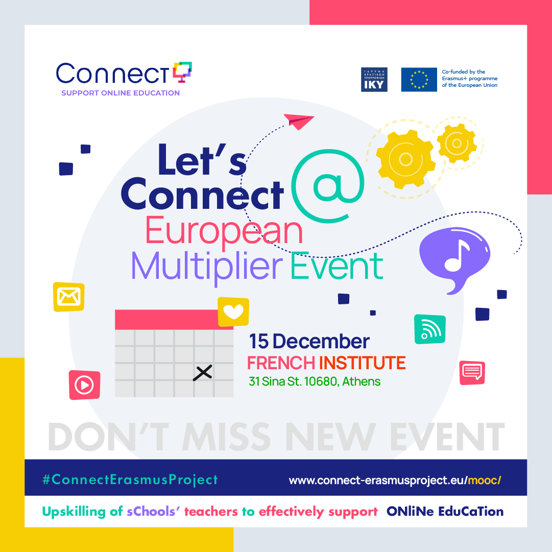CErasmusproject's tweet photo. The European Multiplier Event  of #ConnectErasmusProject will take place at Athens🇬🇷 15 Dec 2022 and will be hosted at the French Institute. Recent developments and outcomes of the project will be presented to European #teachers, #school leaders and #educators. @IKY_Erasmusplus https://t.co/ZsVD31qBzX