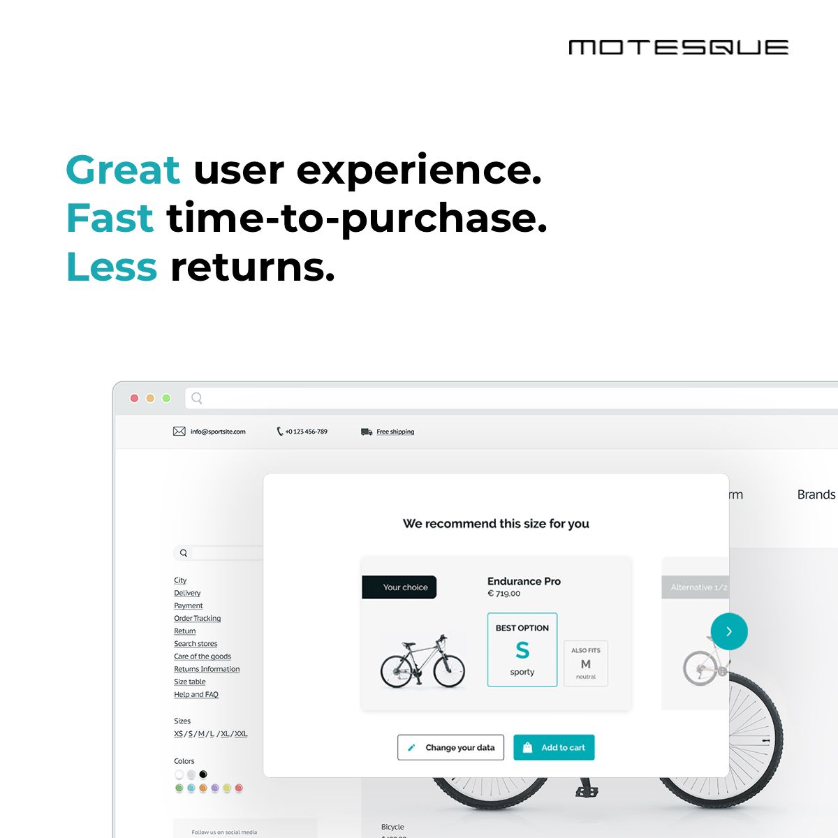 MotesqueInc's tweet photo. Do your customers leave #bikes in the cart too often? With the #MQFitBike widget you get a #sizingsolution that helps you recommend the right bike size, offers great user experience and leads to faster time-to-purchase, higher #conversionrate as well as customer satisfaction. https://t.co/FAXzW8b1pl