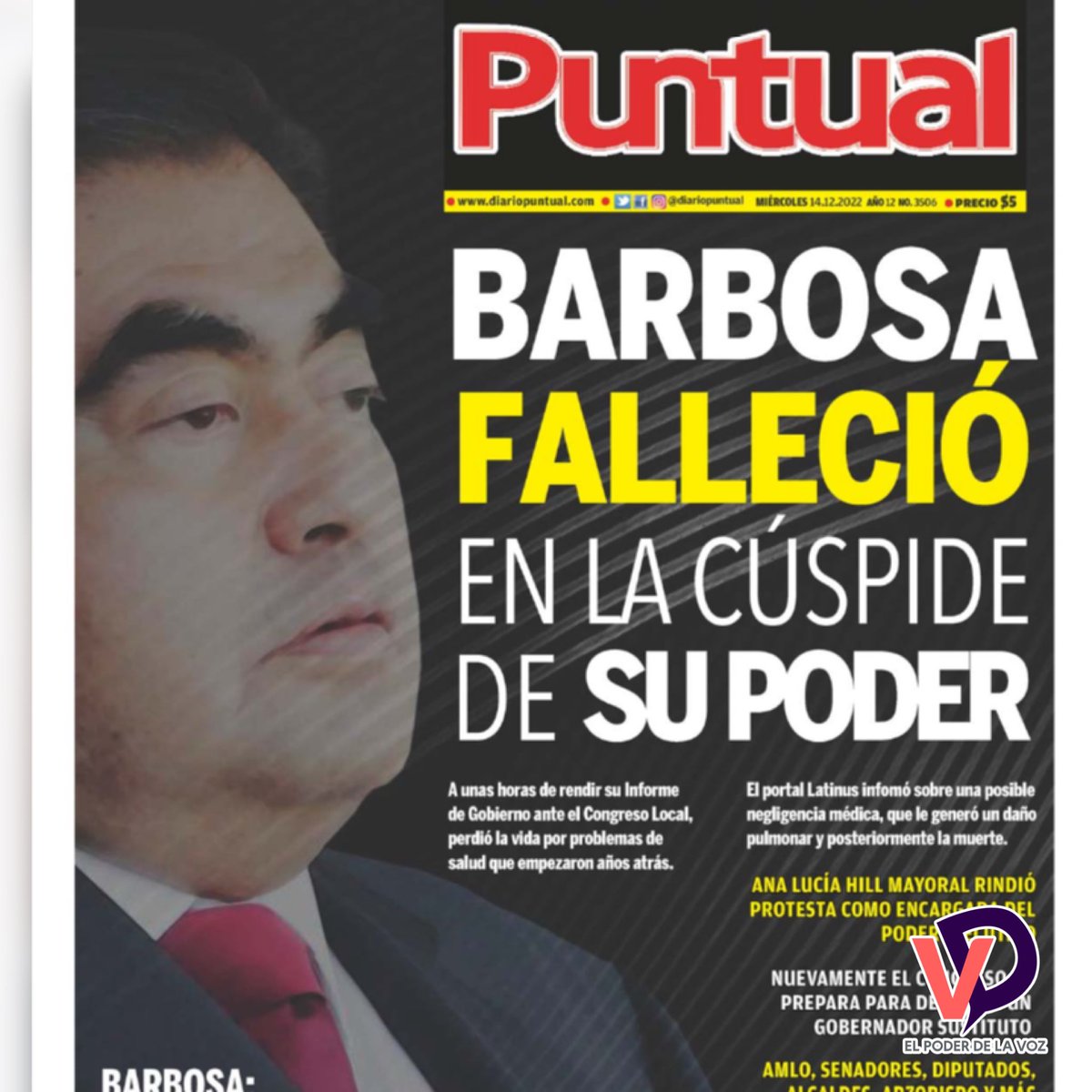 VanguarDigitalP's tweet photo. 🗞️ #PrimerasPlanas | Así amanecen los diarios de circulación local.

🔹 Muere el gobernador Barbosa.

🔹 Falleció Miguel Barbosa Huerta a cuatro años de asumir gubernatura.

🔹 Barbosa falleció en la cúspide de su poder.

🔹 Incertidumbre ante la muerte de Barbosa.

#VD https://t.co/ZDsipct1Gc