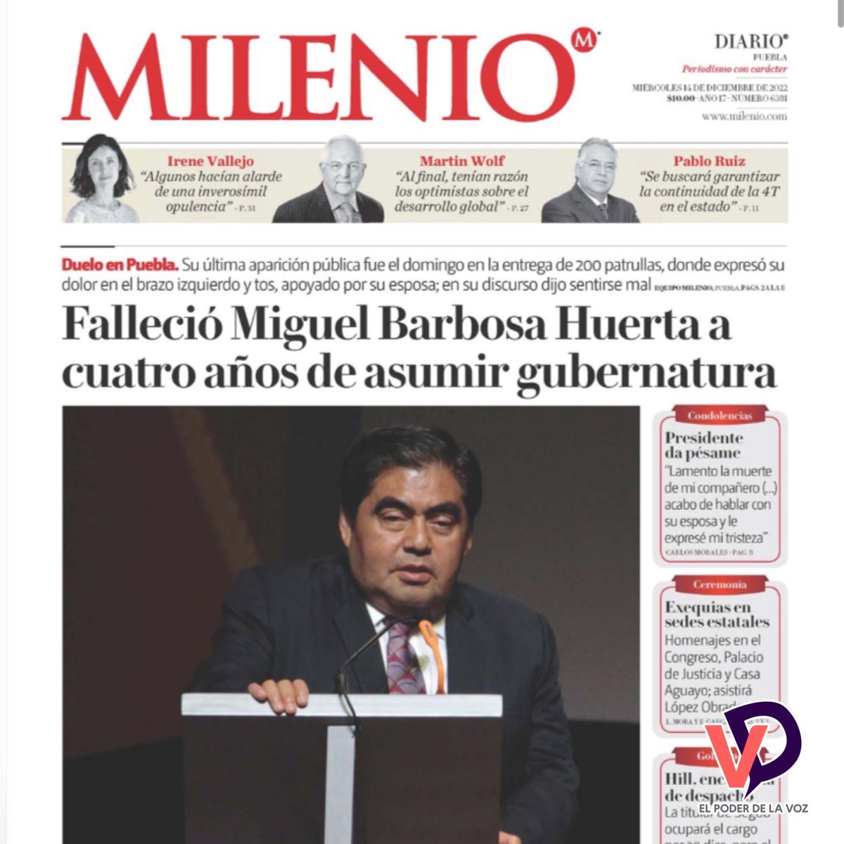 VanguarDigitalP's tweet photo. 🗞️ #PrimerasPlanas | Así amanecen los diarios de circulación local.

🔹 Muere el gobernador Barbosa.

🔹 Falleció Miguel Barbosa Huerta a cuatro años de asumir gubernatura.

🔹 Barbosa falleció en la cúspide de su poder.

🔹 Incertidumbre ante la muerte de Barbosa.

#VD https://t.co/ZDsipct1Gc