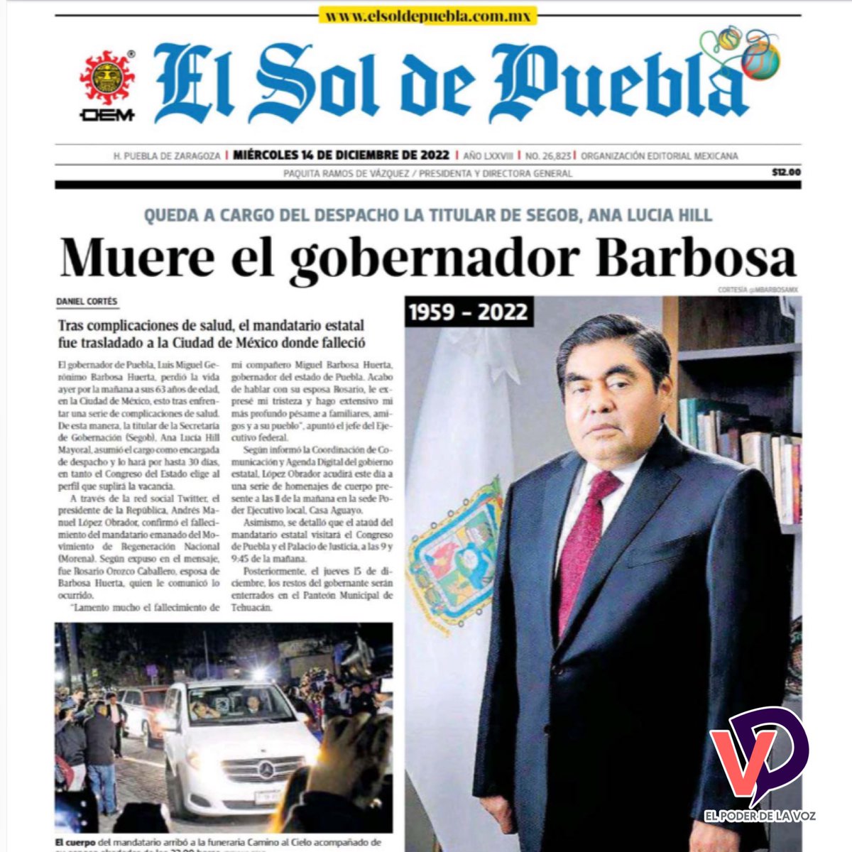 VanguarDigitalP's tweet photo. 🗞️ #PrimerasPlanas | Así amanecen los diarios de circulación local.

🔹 Muere el gobernador Barbosa.

🔹 Falleció Miguel Barbosa Huerta a cuatro años de asumir gubernatura.

🔹 Barbosa falleció en la cúspide de su poder.

🔹 Incertidumbre ante la muerte de Barbosa.

#VD https://t.co/ZDsipct1Gc