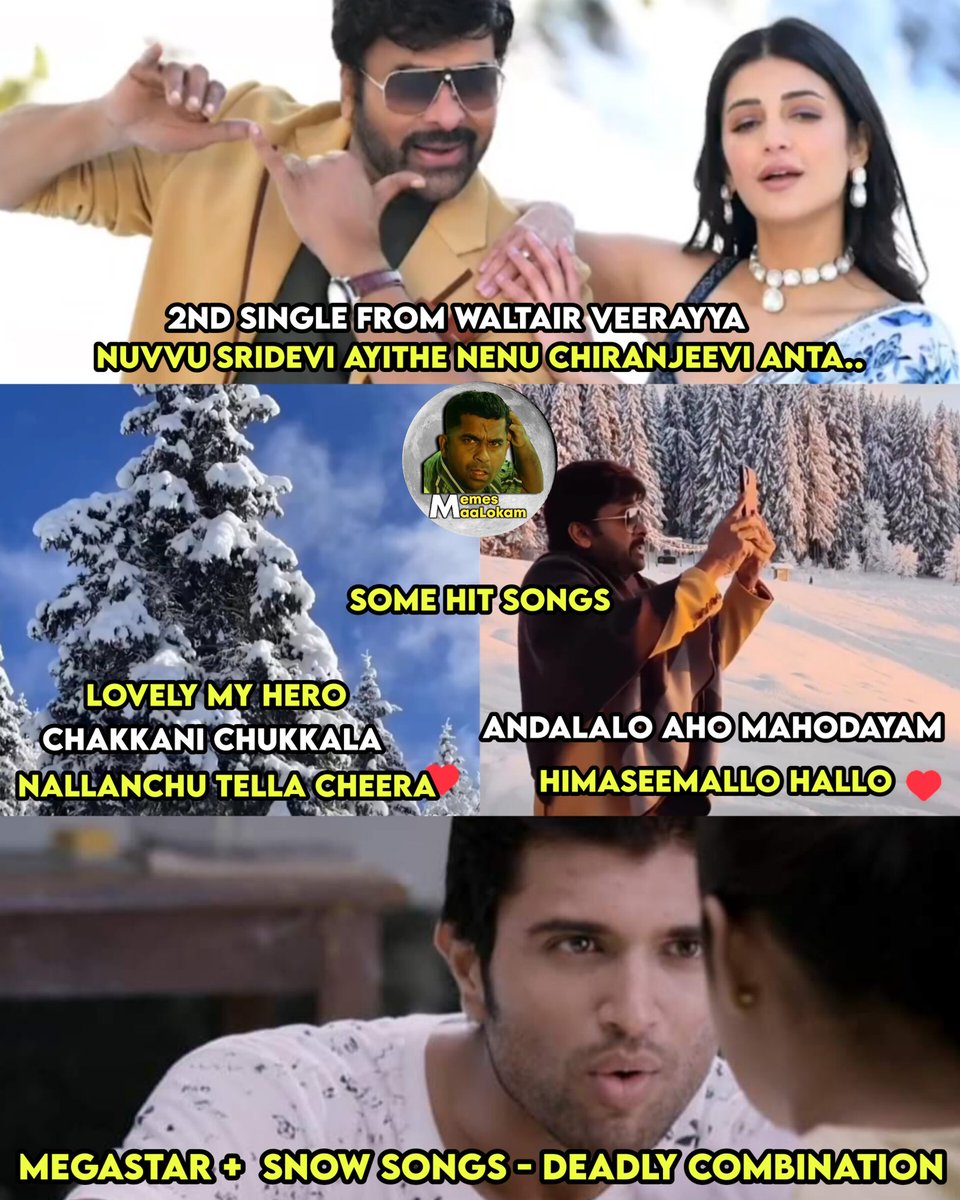 Nb4Ea's tweet photo. Waltair veerayya 2nd single 😍

#Snowsongs #MegastarChiranjeevi #deadlycombination #Hitsongs #Melodies @KChiruTweets
@shrutihaasan #France #Lesges
@MythriOfficial @ThisIsDSP #waltairveerayya #Sankranti

Follow @Nb4Ea 👈 https://t.co/95TJ6tt3QM