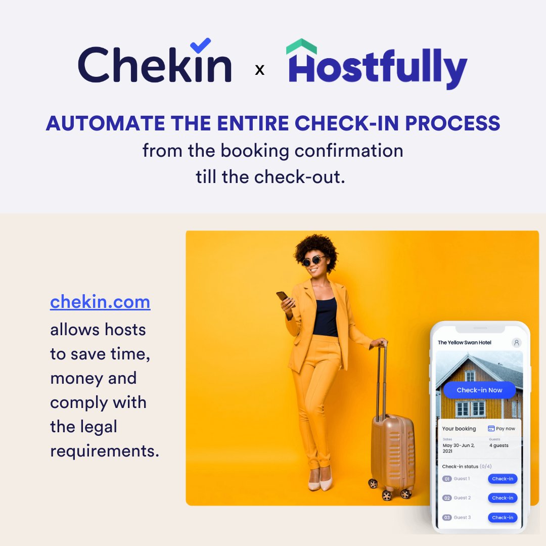 hostfully's tweet photo. 📣 New integration announcement: #Hostfully x @CheKinapp 
The integration allows #hosts to automate the entire check-in process, from the booking confirmation to the check-out. 
Learn how it works: 
👉 https://t.co/zIHIcIx0Ac
Sign-up for #Chekin: 
👉 https://t.co/hA0YRQqWxo https://t.co/B32xPFHeKg