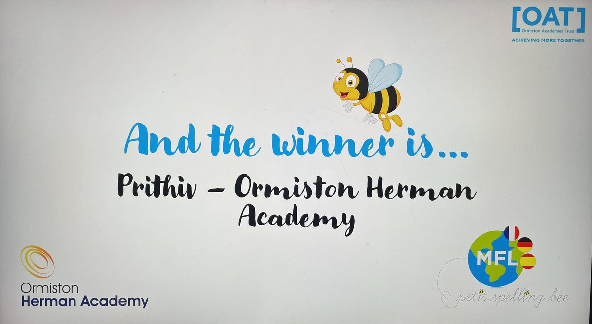 And we have our winner! A massive well done to Prithiv for your amazing performance and taking the title of  Petit Spelling Bee Champion 2022! Tommy, Aoife and Dylan - you were amazing competitors - we are bursting with pride! <a href="/OrmistonHerman/">Herman Academy</a> <a href="/OrmistonMeadows/">OrmistonMeadowsAcad</a> <a href="/OrmistonAcads/">OrmistonAcads</a>