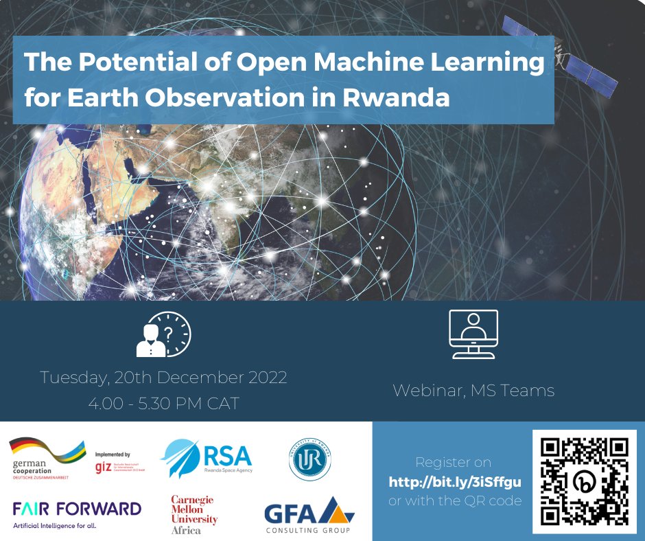 Digital Transformation Center Rwanda (@digicenterrw) on Twitter photo Together with <a href="/RwandaSpace/">Rwanda Space Agency</a>, GIZ Rwanda via <a href="/fair_forward/">FAIR Forward</a> would like invite you to join a webinar on the Potential of Open Machine Learning for Earth Observation in #Rwanda.
Date: 20th Dec, 2022
Time: 4 - 5.30PM CAT
Register here: bit.ly/3iSffgu Together with <a href="/RwandaSpace/">Rwanda Space Agency</a>, GIZ Rwanda via <a href="/fair_forward/">FAIR Forward</a> would like invite you to join a webinar on the Potential of Open Machine Learning for Earth Observation in #Rwanda.
Date: 20th Dec, 2022
Time: 4 - 5.30PM CAT
Register here: bit.ly/3iSffgu