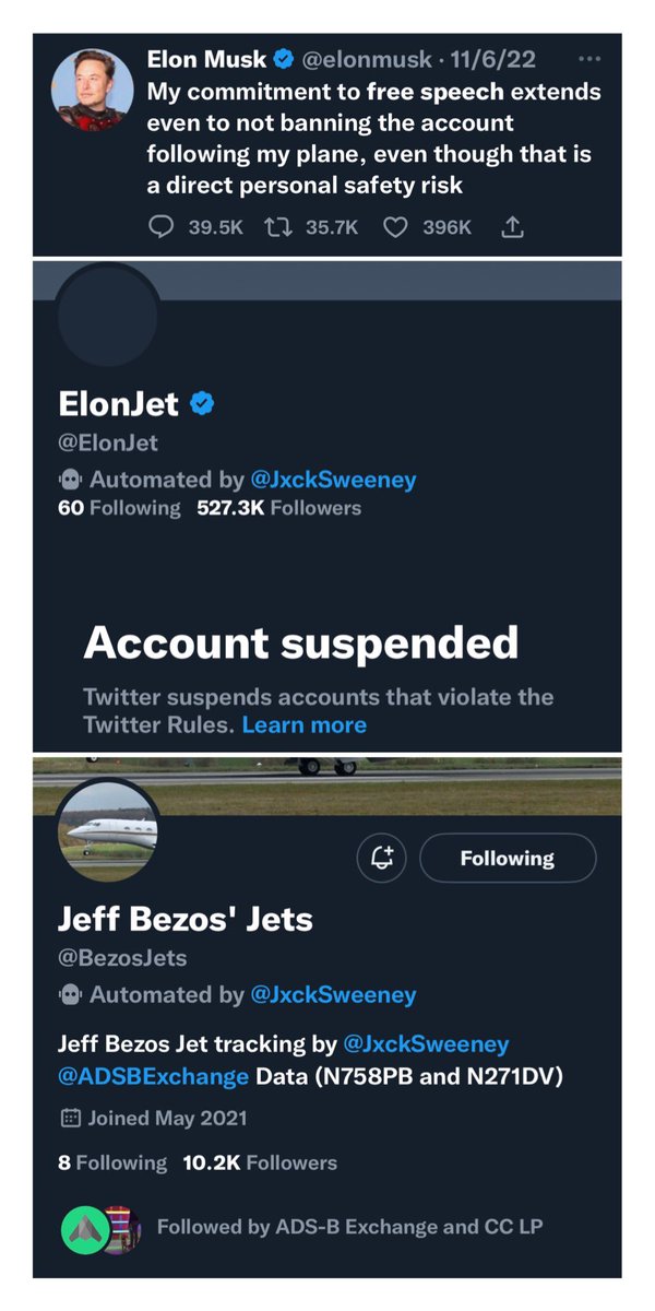 <a href="/JxckSweeney/">Jack Sweeney</a> <a href="/ElonJet/">ElonJet</a> Elon suspending the account that tracks his jets but allowing the account that tracks Bezos’ jets shows what type of “free speech” he wants with the Twitter acquisition.