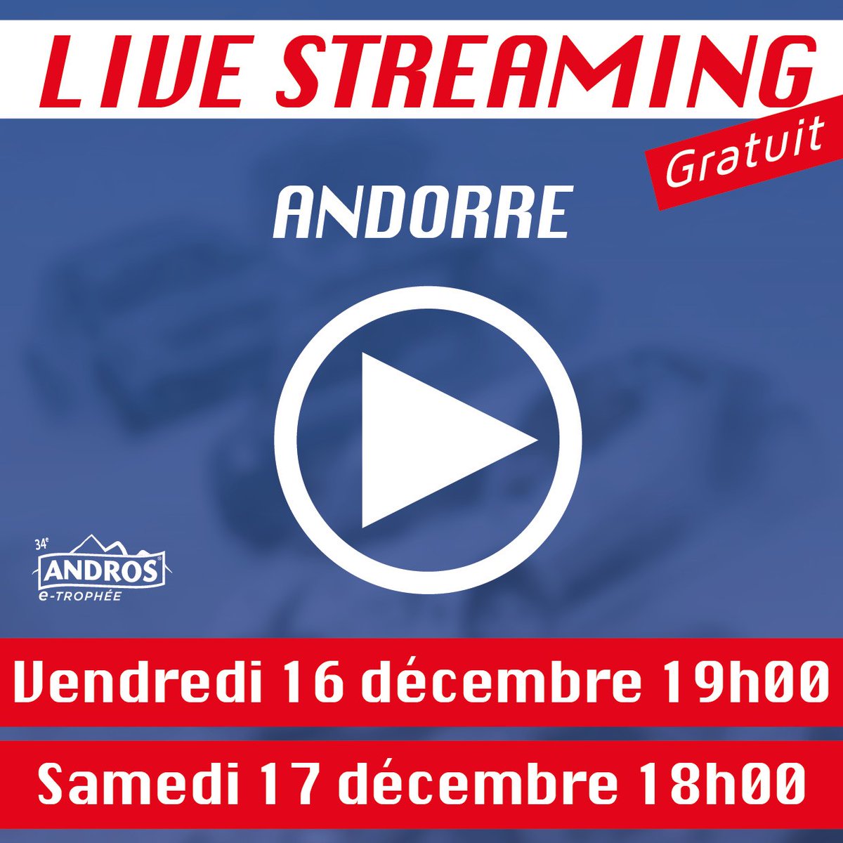 🎥Rendez-vous sur le site👉 bit.ly/3BzrepZ pour suivre le Live Streaming de l'épreuve d'Andorre !
Vendredi 16 ▶️19h
Samedi 17 ▶️18h 
Accédez aux courses en direct, interviews à chaud et les coulisses de la compétition ! 🤩
#tropheeandros  #Livestreaming #stream