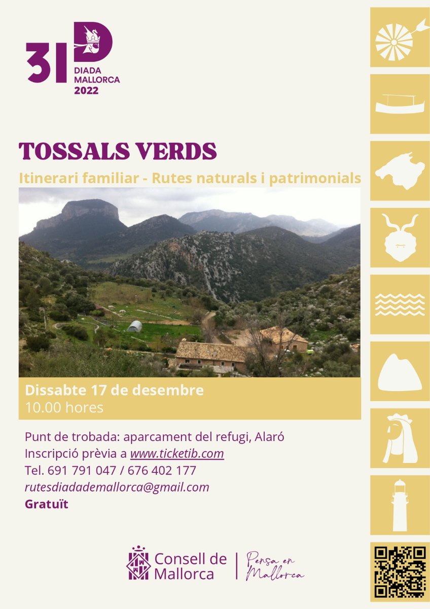 #DiadaDeMallorca2022 | Ruta familiar 🌳

🥾 Tossals Verds
📅 Dia: Dissabte, 17 de desembre
⏰ Hora: 10h
📍 Punt de trobada: aparcament del refugi, Alaró

🎫 Treu la teva entrada gratuïta aquí 👉 web.conselldemallorca.cat/diada

#AgermanemMallorca