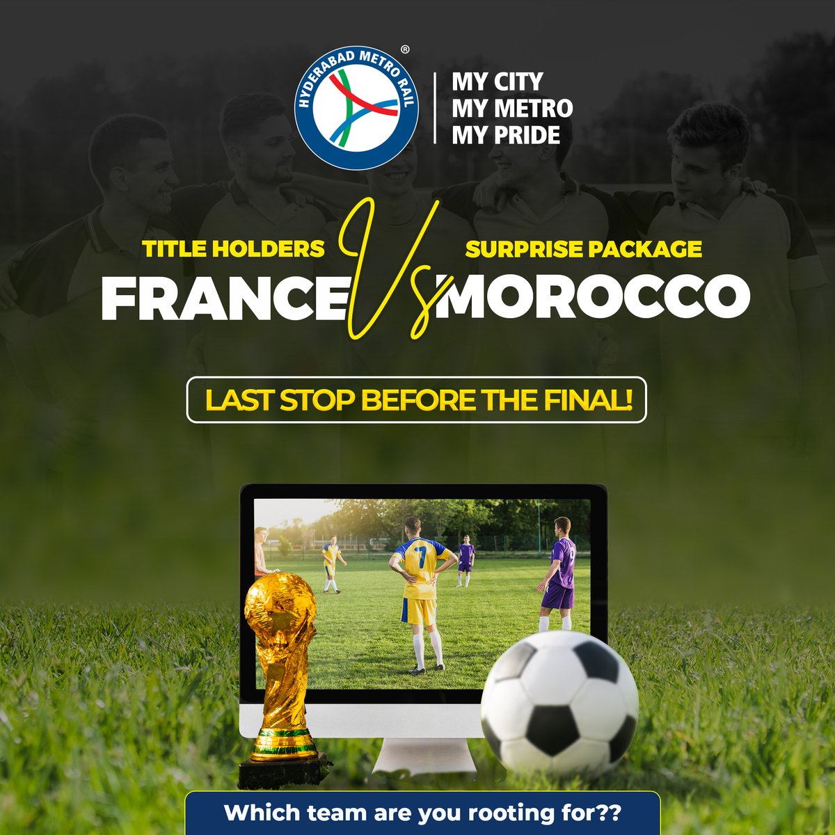 ltmhyd's tweet image. Will France reach the Final, or will Morocco pull the chain on their dream of being the 1st team to win back-to-back World Cups? 
Tune in with your predictions!
How excited are you to catch the last train to watch the clincher?

#hyderabadmetro #worldcup #soccer #fifa #semifinals