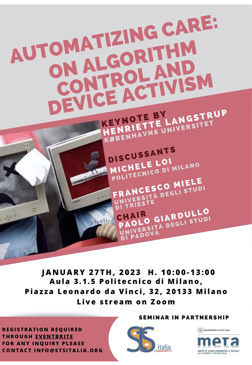 Henriette Langstrup @HeLangstrup will deliver the Keynote lecture at STS Italy national workshop in Milano Jan 27: “Automatizing Care: on algorithm control and device activism”. Live stream on zoom eventbrite.it/e/biglietti-au…