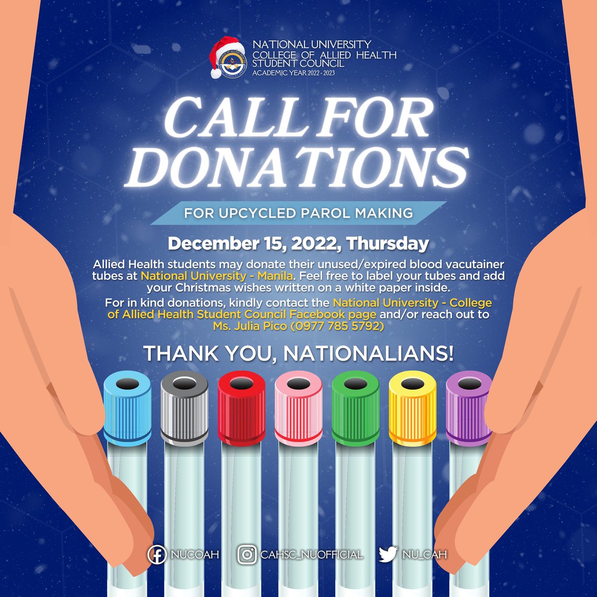 NU_CAH's tweet photo. For in kind donations, kindly contact the National University - College
of Allied Health Student Council Facebook page and/or reach out to
Ms. Julia Pico (0977 785 5792) https://t.co/vcWlD3xwpR
